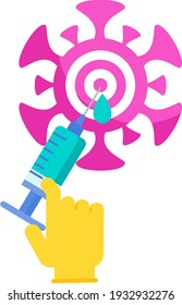 Icono de protección contra la vacunación. La jeringa con la dosis de la vacuna llega al centro del objetivo. Proteger a las personas de la pandemia del coronavirus. Inmunización global.