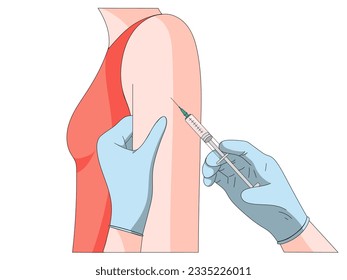 Vaccination in shoulder with medicine syringe diagram schematic raster illustration. Medical science educational illustration