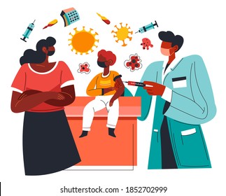 Vaccination of sick patients and health care service. Laboratory worker or doctor giving shot for woman with son. People going through treatment, injection against covid. Vector in flat style