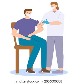 Vaccination side effects concept. Man having a covid-19 vaccine injection. Idea of vaccination for protection from pandemic disease. Medical treatment and healthcare. Vector flat illustration