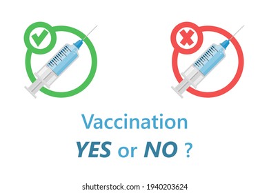 Vaccination sign in the permitting green circle and the No vaccination sign in the prohibiting red circle. Choice of yes or no vaccination. Vector icons and text isolated on white background.