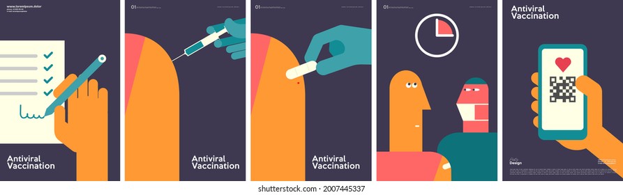 Vaccination. Simple, fun, background pictures. Set of vector illustrations. Stages of vaccination.