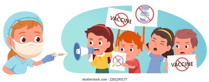 Vaccination skeptics. Anti-vax protest. Antivaxer people group, anti-vaccination activists protesting signs to stop vaccine shots. Corona virus disease social issue problem concept vector illustration