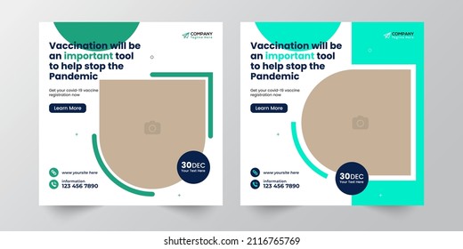 Vaccination social media post template banner. Medical vaccination social media post template. Modern square banner with place for the photo. Usable for social media, banners, cover, and websites.Vect