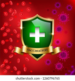 Vaccination square design template. Viruses and blood separated by green glass shield with golden frame and ribbon with Vaccination word. Vector illustration