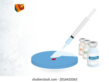 Vacunación en Sri Lanka con diferentes tipos de vacuna COVID-19. С concepto con la inyección de la vacuna en el mapa de Sri Lanka. Ilustración vectorial.