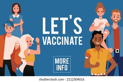 Slogan de declaración de vacunación para sitio web con caricaturas vacunadas, ilustración plana vectorial. Banner web médico para prevenir la propagación de enfermedades.