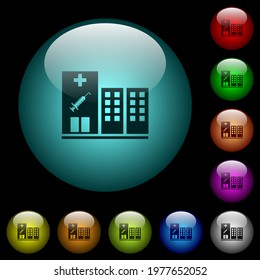 Vaccination station icons in color illuminated spherical glass buttons on black background. Can be used to black or dark templates