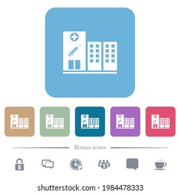 Vaccination station white flat icons on color rounded square backgrounds. 6 bonus icons included