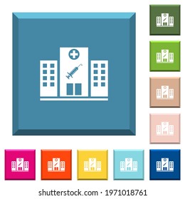 Vaccination station white icons on edged square buttons in various trendy colors