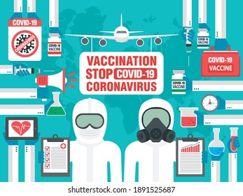 Vaccination, stop Covid-19. Concept of Vaccines to prevention or fight against Coronavirus. Flat design. Vector illustration