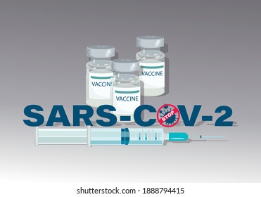 Vaccination. STOP SARS CoV 2. Medical bottles vaccine, syringe Antiviral protection. Design for a medical poster, project, presentation with a place for your information. Vector illustration