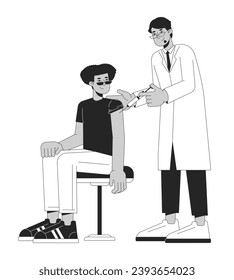 Dibujo plano de caricatura en blanco y negro de los estudiantes de vacunación. Vacuna de médico árabe inyectando latino man caracteres lineares 2D aislados. Control de infección hospital monocromo de imagen vectorial de escena monocroma