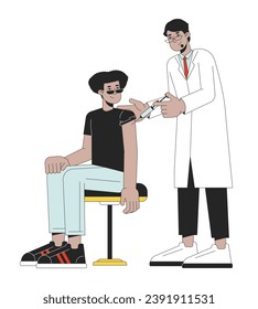 Vaccination student line cartoon flat illustration. Arab doctor vaccine injecting latino man 2D lineart characters isolated on white background. Infection control hospital scene vector color image