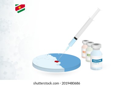 Vaccination in Suriname with different type of COVID-19 vaccine. Сoncept with the vaccine injection in the map of Suriname. Vector illustration.