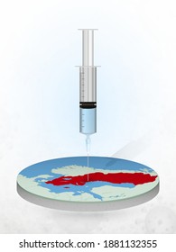 Vaccination of Sweden, injection of a syringe into a map of Sweden. Vector illustration of a syringe with vaccine and map.