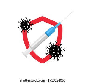 Vaccination symbol. Coronavirus vaccine icon with shield and syringe. Isolated on white