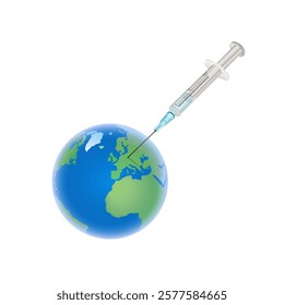 Vaccination symbol. Syringe vaccinates planet earth from pandemic. Vector 3d illustration