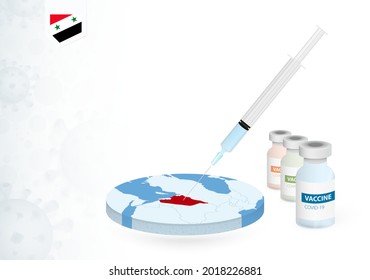 Vaccination in Syria with different type of COVID-19 vaccine. Сoncept with the vaccine injection in the map of Syria. Vector illustration.