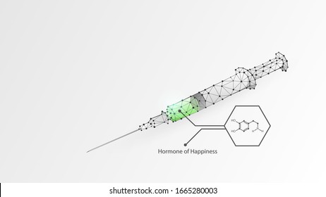 Vaccination. A syringe with hormone of happiness. Preventive medicine, health care, medical treatment. Low poly, wireframe 3d vector illustration. Abstract polygonal image on white origami background