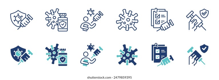 conjunto de Vector de iconos de la jeringa de vacunación inmunidad contra el coronavirus inyección de la vacuna tratamiento de la salud signos ilustración para el Web y el App