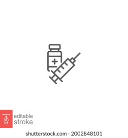 Vaccination Syringe immunization line icon. coronavirus covid-19 pandemic vaccine ampoule. Bottle with a solution for injection Editable stroke Vector illustration design on white background EPS 10
