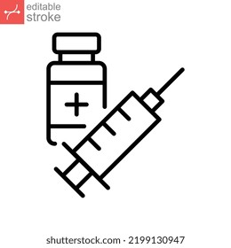 Vaccination Syringe immunization line icon. coronavirus covid-19 pandemic vaccine ampoule. Bottle with a solution for injection Editable stroke Vector illustration design on white background EPS 10