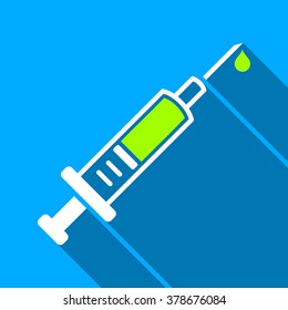 Vaccination Syringe long shadow vector icon. Style is a flat light symbol with rounded angles on a blue square background.