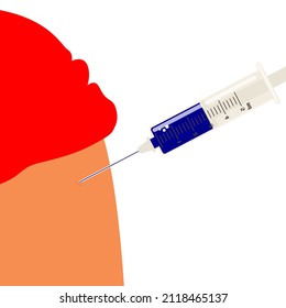 Vaccination. Syringe with needle and dose. The doctor makes an injection in the arm of a person to develop immunity to viruses and bacteria. Medicine and health. Vector.