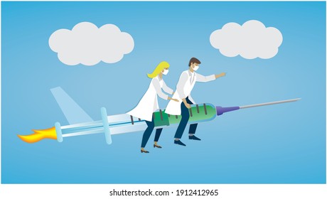 Vaccination syringe as rocket with  health care people setting the direction. Dimension 16:9. Vector illustration.