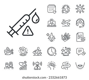 Vaccination syringe warning sign. Online doctor, patient and medicine outline icons. Vaccine attention line icon. Jab symbol. Vaccine attention line sign. Vector