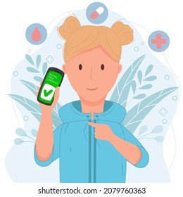 Сhild vaccination. Teenage girl holds phone with vaccination certificate Vector concept of virus or flu vaccine