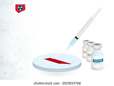 Vaccination in Tennessee with different type of COVID-19 vaccine. Сoncept with the vaccine injection in the map of Tennessee. Vector illustration.