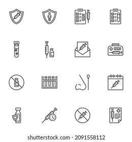 Vaccination and test line icons set, outline vector symbol collection, linear style pictogram pack. Signs logo illustration. Set includes icons as medical laboratory coronavirus test vaccine injection