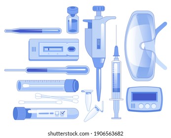 Impfbesteck-Set. Sicherheitsbrille, automatische und Laborpipetten, Injektionsspritze, Wattestäbchen, Reagenzglas und Schnelltestgerät. Vektorgrafik einzeln auf weißem Hintergrund