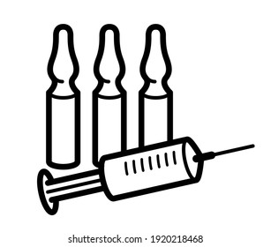 Vaccination theme vector illustration of a syringe with ampules isolated over white, epidemic or pandemic coronavirus covid 19 or flu or SARS or any other vaccine, pharmacology concept.