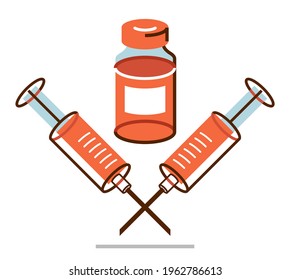 Vaccination theme vector illustration of a syringe with vial isolated over white, epidemic or pandemic coronavirus covid 19 or flu or SARS or any other vaccine, pharmacology concept.