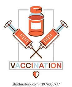 Vaccination theme vector illustration of a syringe with vial isolated over white, epidemic or pandemic coronavirus covid 19 or flu or SARS or any other vaccine, pharmacology concept.