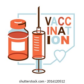 Vaccination theme vector illustration of a syringe with vial isolated over white, epidemic or pandemic coronavirus covid 19 or flu or SARS or any other vaccine, pharmacology concept.
