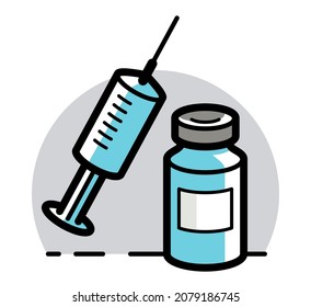 Ilustración vectorial del tema de la vacunación de una jeringa con un vial aislado sobre el coronavirus blanco, epidémico o pandémico que cubre 19 o gripe o SARS o cualquier otro concepto de vacuna, farmacología.