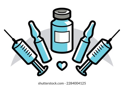 Vektorgrafik einer Spritze mit Ampullen und Durchstechflasche einzeln auf Weiß, epidemischem oder pandemischem Coronavirus-Covid 19 oder Grippe oder SARS oder einem anderen Impfstoff, Pharmakologie-Konzept.