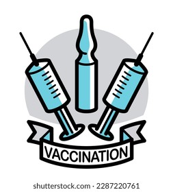 Vaccination theme vector illustration of a syringe with ampules isolated over white, epidemic or pandemic coronavirus covid 19 or flu or SARS or any other vaccine, pharmacology concept.