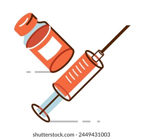 Vaccination theme vector illustration of a syringe with vial isolated over white, epidemic or pandemic coronavirus covid 19 or flu or SARS or any other vaccine, pharmacology concept.