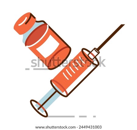 Vaccination theme vector illustration of a syringe with vial isolated over white, epidemic or pandemic coronavirus covid 19 or flu or SARS or any other vaccine, pharmacology concept.