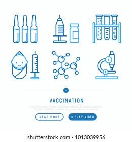 Vaccination thin line icons set: vaccine in syringe, ampoule, vial, microscope, virus, baby. Vector illustration, web page template.