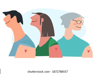 Vaccination time concept. Happy people of different age and gender after vaccine injection in shoulder. Vector illustration with place for text. Campaign banner, poster, flyer, social media post