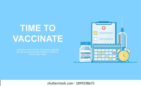 Impfzeit. Impfkonzept. Set: Spritze, Impfstoff, Kalender, Uhr, Tabletten auf blauem Hintergrund. Medizinische Vorlage. Impfung während der Coronavirus-Epidemie. Flacher Vektor.
