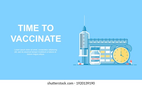 Impfzeit. Impfkonzept. Set: Spritze, Impfstoff, Kalender, Uhr, Tabletten auf blauem Hintergrund. Medizinische Vorlage. Impfung während der Coronavirus-Epidemie. Flacher Vektor.