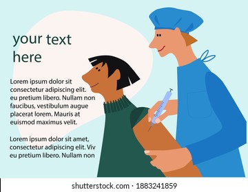 Vaccination time concept. Stop coronavirus concept. Doctor inoculate male patient, making vaccine injection in shoulder. Vector illustration with place for text. Banner, poster,social media post