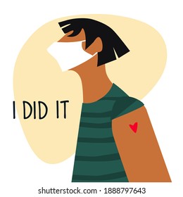 Vaccination time concept. Stop coronavirus concept. Happy man after vaccine injection in shoulder. Vector illustration with I Did It text. Campaign banner, poster, flyer, social media post template